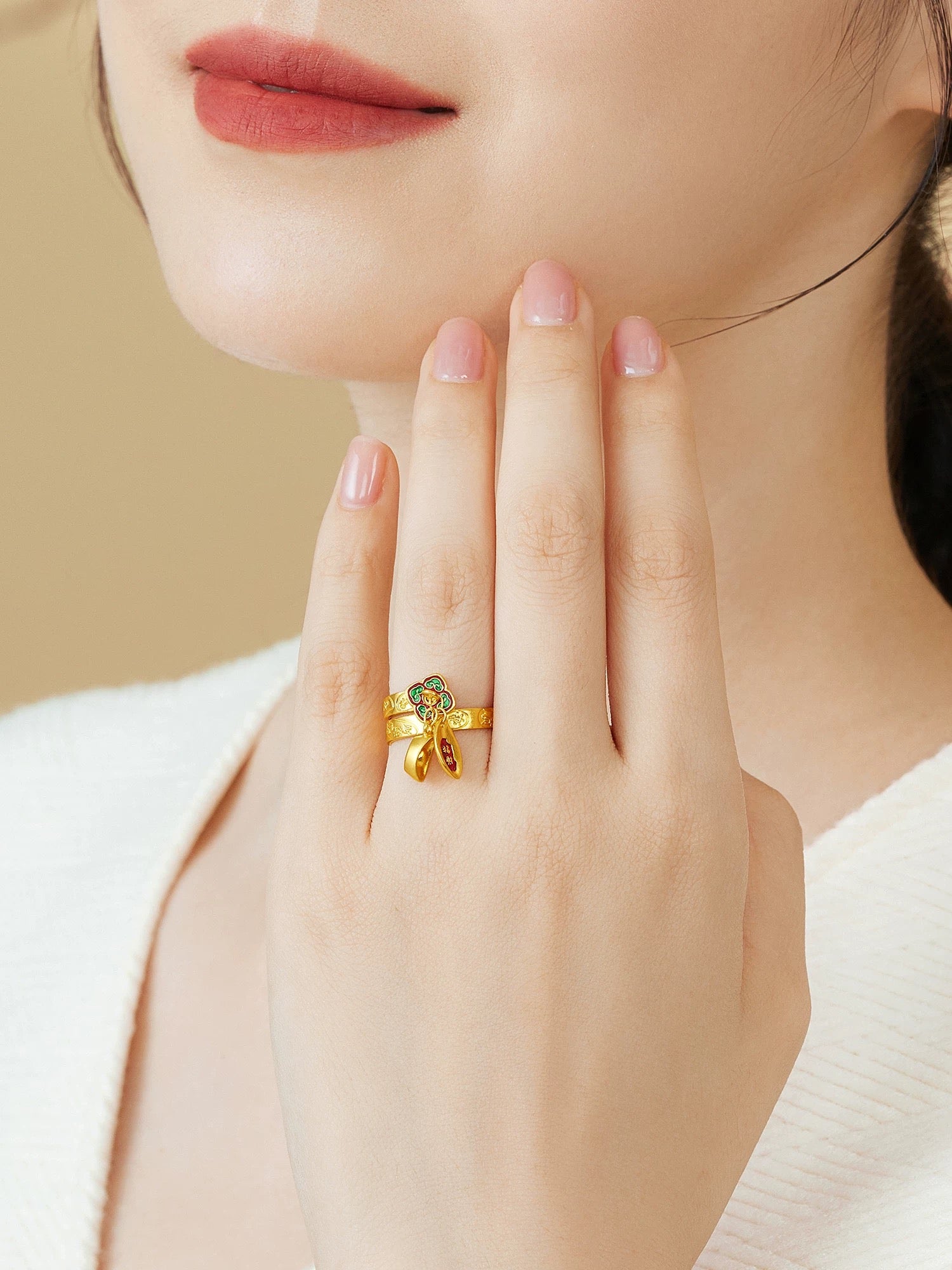 Gold-Plated Open Ring With Multiple Engraved Lucky Rings Rerhy