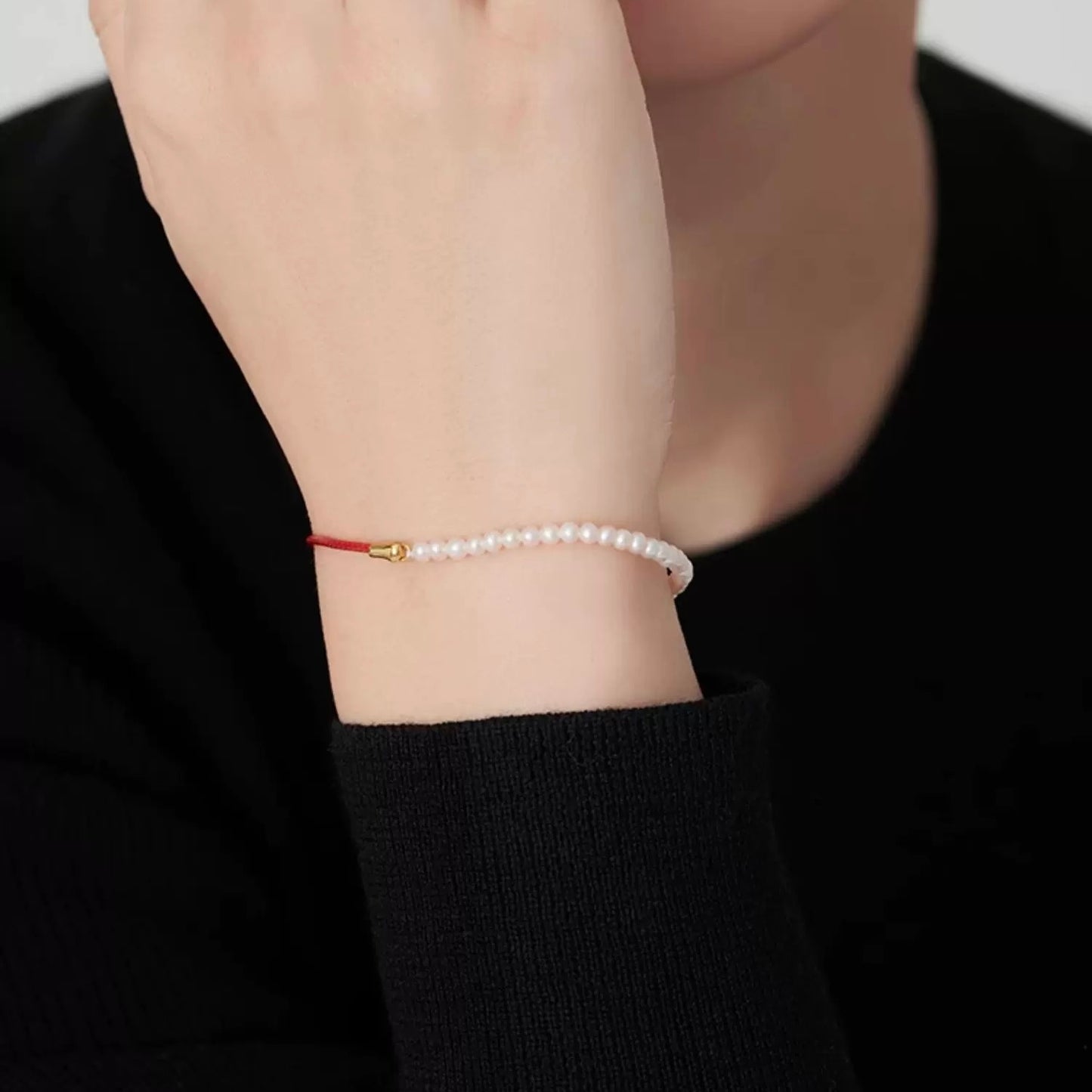 Pearl Red Rope Bracelet 925 Silver Gold-plated Bracelet for Women (Adjustable)