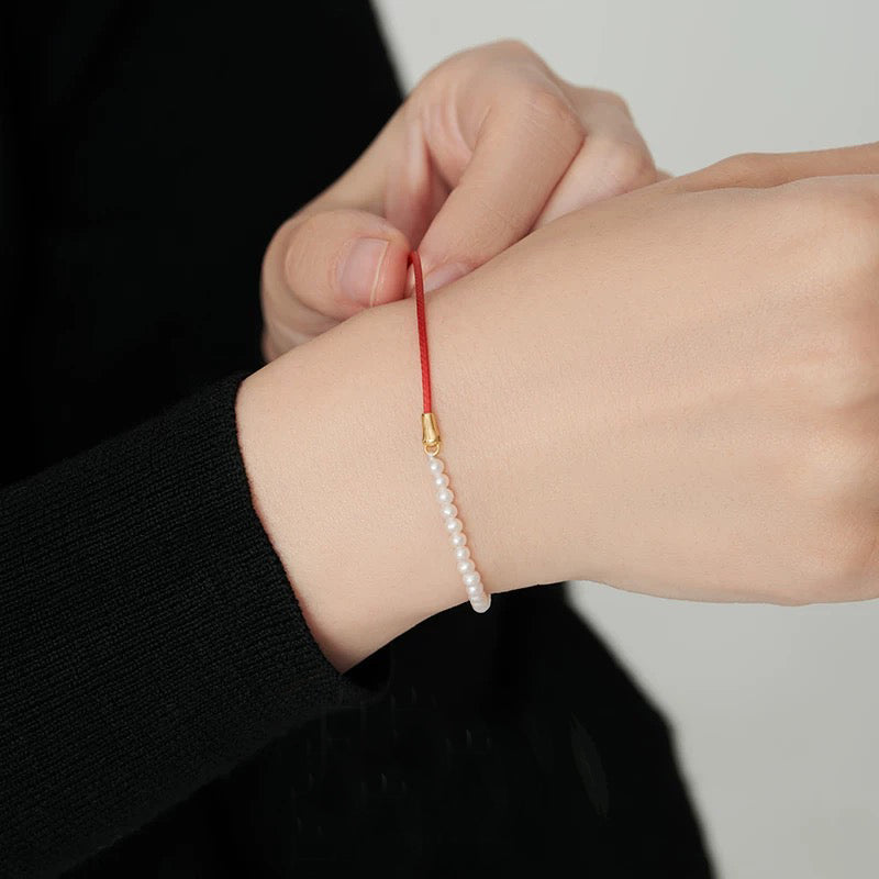 Pearl Red Rope Bracelet 925 Silver Gold-plated Bracelet for Women (Adjustable)