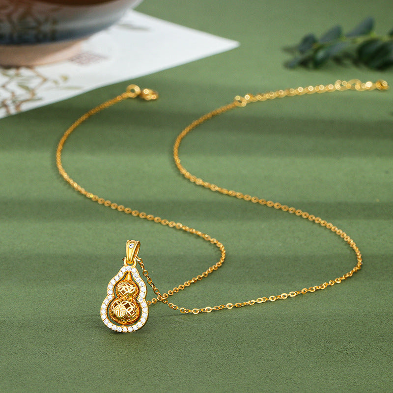 【Last Day Sale: Best Price of the YEAR】Gold-Plated Hollow Engraved Rotating Gourd Pendant Necklace with Moissanite Diamonds Rerhy