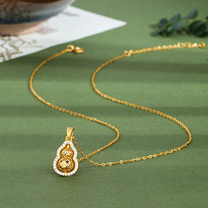 【Last Day Sale: Best Price of the YEAR】Gold-Plated Hollow Engraved Rotating Gourd Pendant Necklace with Moissanite Diamonds Rerhy