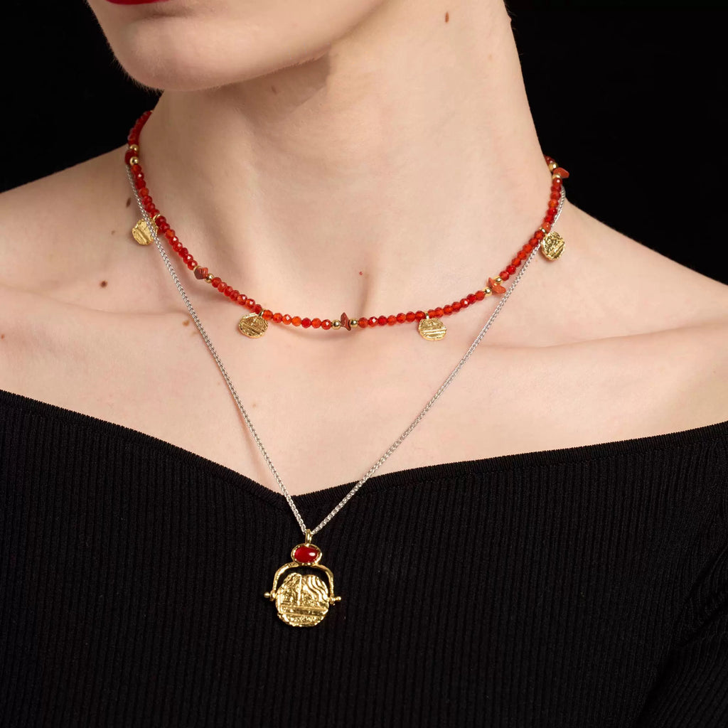 Red Agate Beaded Kiss Bracelet + Necklace Red String New Year Gift