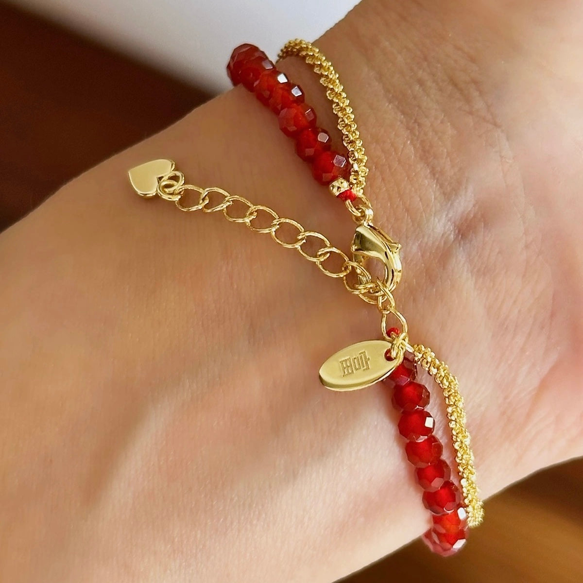 Red Agate Beaded Necklace Wrapped + Gold-plated Red Rope Bracelet Set Gift