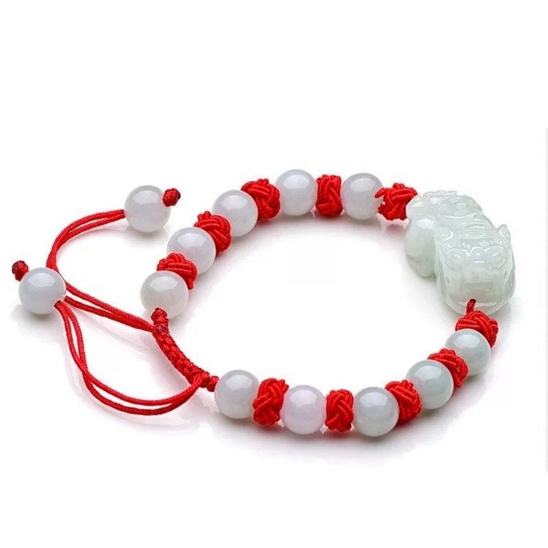 Tibetan Red String Bracelet jade Pixiu Fengshui- Buddhist Lucky Charm（Adjustable）