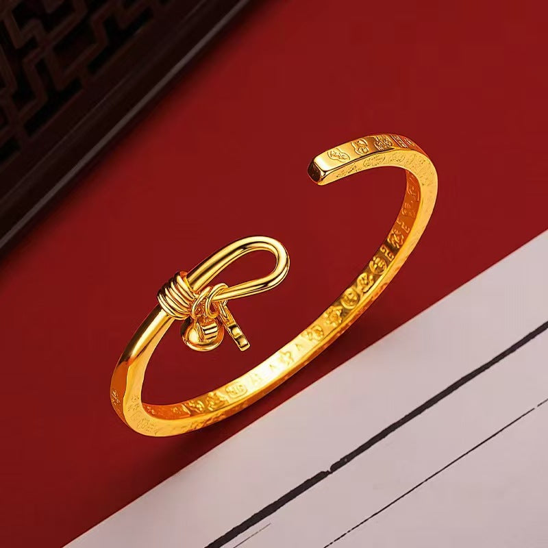 【Today Only at $19.99】Gold-Plated Engraved Solid Cuff Bracelet with Cute Bell, Bow, and Fu Character Longevity Lock (Adjustable) Rerhy