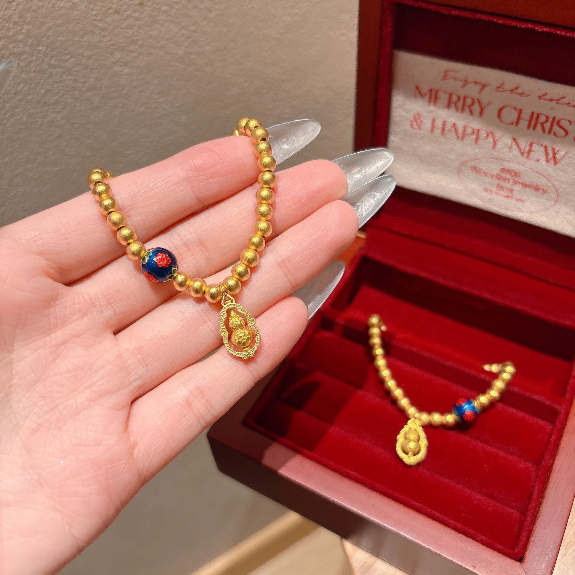 Gold-plated Round Bead Bracelet with Lucky Gourd and Rotating Design Rerhy