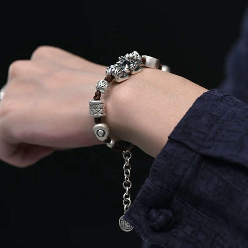 Gold Ingot Pixiu Bracelet Retro Bracelet Silver Luck Beads for Men and Women