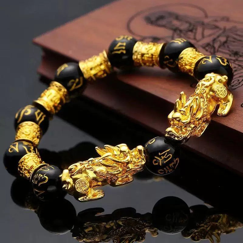 Black Obsidian Pixiu Bracelet Gold for Women Men's Gifts - Protection Healing Bracelet - 10mm Gemstone Beaded Adjustable Bracelet Pulseras Para Hombres Mujer
