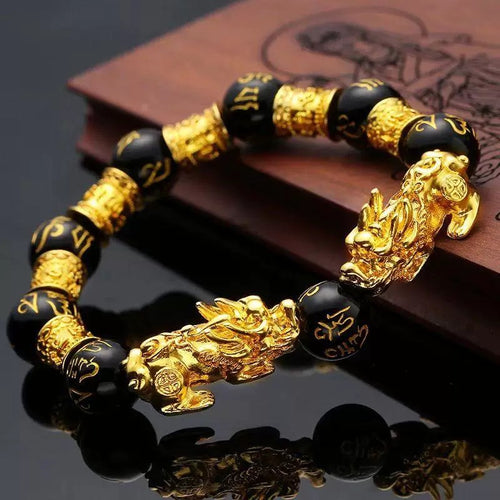 Black Obsidian Pixiu Bracelet Gold for Women Men's Gifts - Protection Healing Bracelet - 10mm Gemstone Beaded Adjustable Bracelet Pulseras Para Hombres Mujer