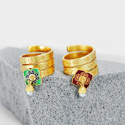 Gold-Plated Open Ring With Multiple Engraved Lucky Rings Rerhy