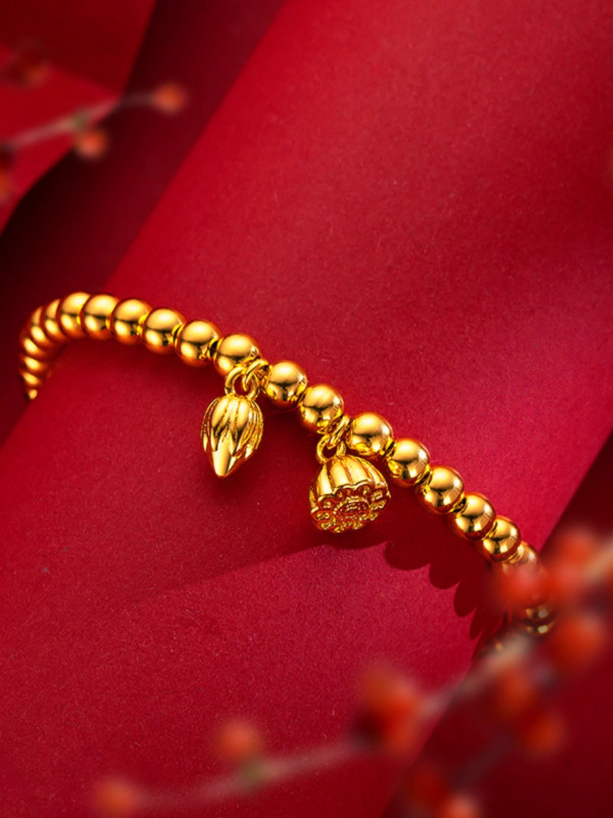 【Last Day ALERT!! Best Price of the YEAR: Best Price of the YEAR】-- Two Lives in Joy Ancient Gold Bracelet Women's Round Beads Gold-plated Lotus Design Fortune-transferring Gold Beads Rerhy