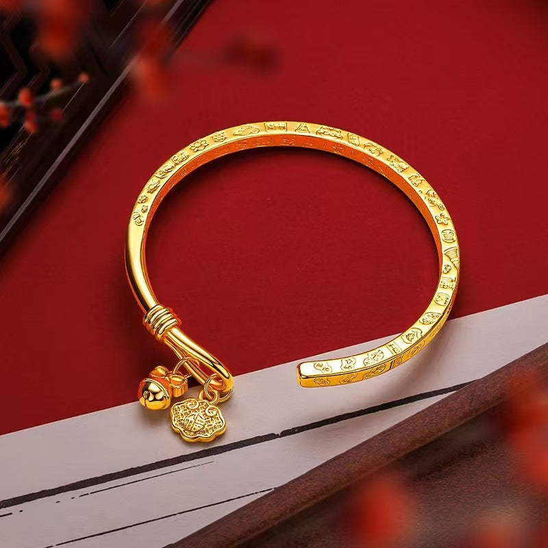 【Today Only at $19.99】Gold-Plated Engraved Solid Cuff Bracelet with Cute Bell, Bow, and Fu Character Longevity Lock (Adjustable) Rerhy