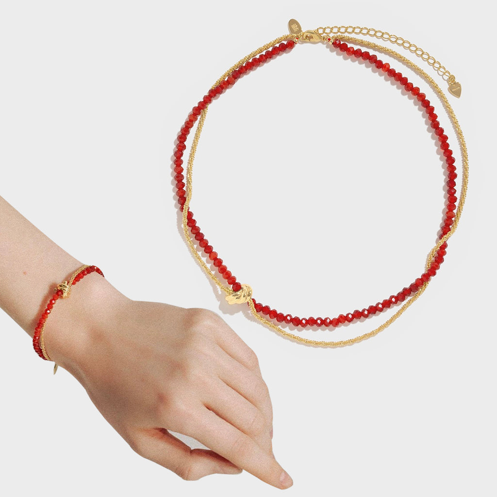 Red Agate Beaded Kiss Bracelet + Necklace Red String New Year Gift