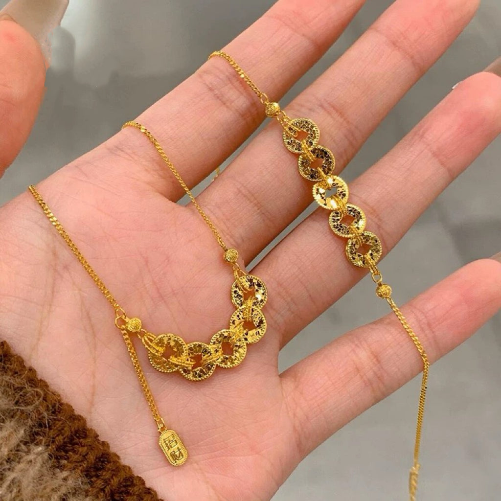Handmade Blessing Bracelet + Necklace Set Fortune Copper Coin Bracelet New Year Gift Copper Gold Plated (Adjustable)