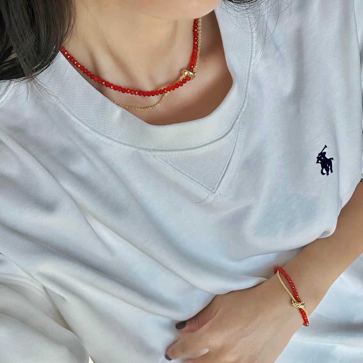 Red Agate Beaded Necklace Wrapped + Gold-plated Red Rope Bracelet Set Gift