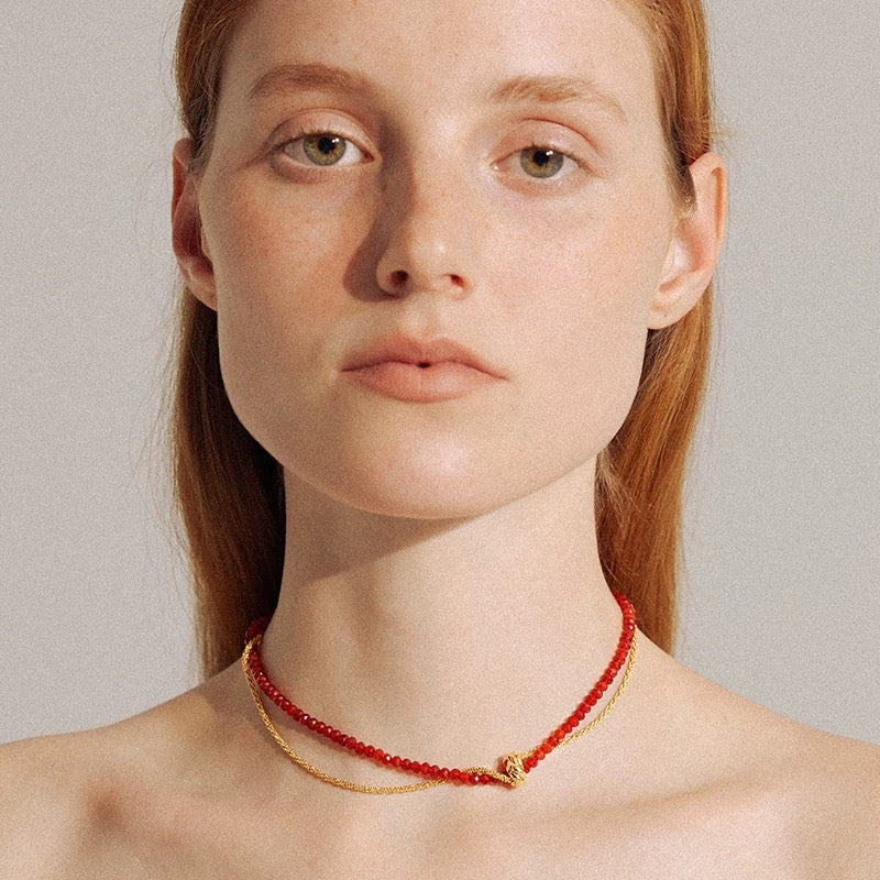 Red Agate Beaded Necklace Wrapped + Gold-plated Red Rope Bracelet Set Gift