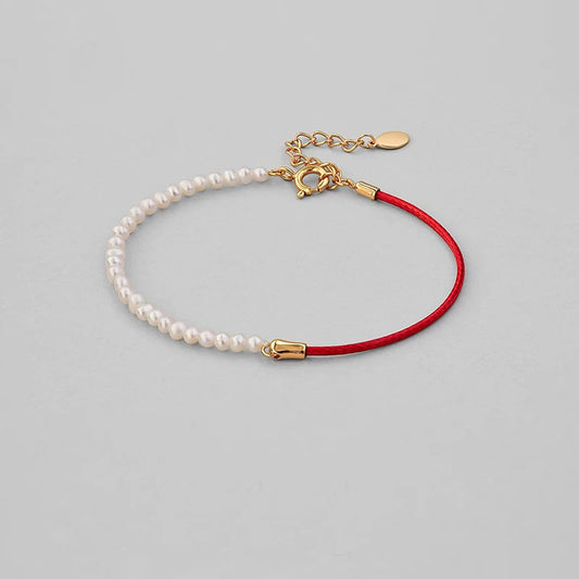 Pearl Red Rope Bracelet 925 Silver Gold-plated Bracelet for Women (Adjustable)