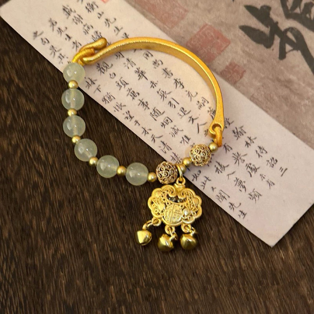Natural Hetian Jade Bead Peace Lock Gold-Plated Bracelet Gold Jade Half Bracelet Rerhy