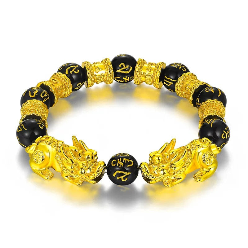 Black Obsidian Pixiu Bracelet Gold for Women Men's Gifts - Protection Healing Bracelet - 10mm Gemstone Beaded Adjustable Bracelet Pulseras Para Hombres Mujer