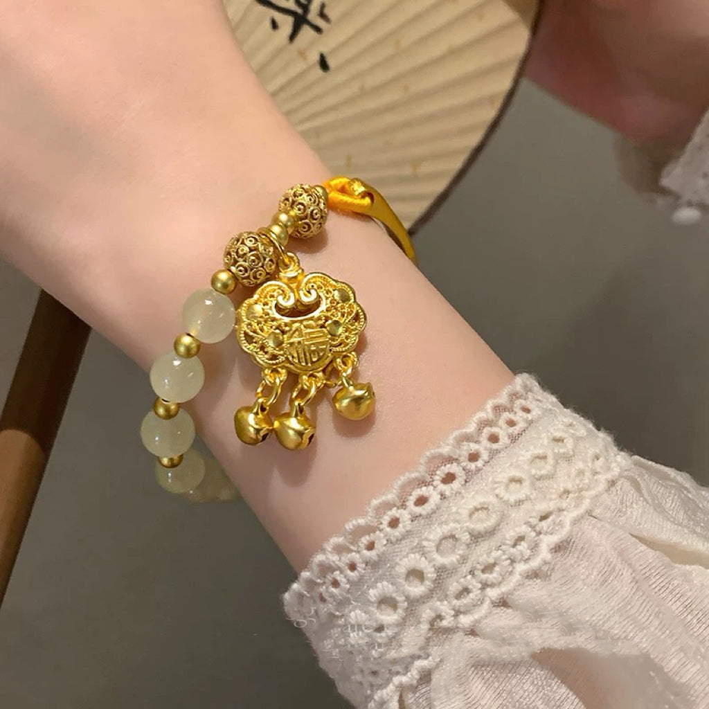 Natural Hetian Jade Bead Peace Lock Gold-Plated Bracelet Gold Jade Half Bracelet Rerhy