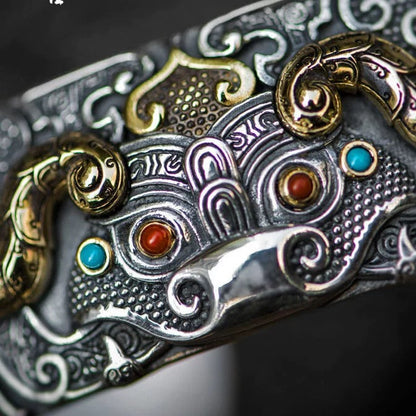 High-Grade Hand-Carved Pixiu Bracelet Silver Retro Bracelet + Ring for Men