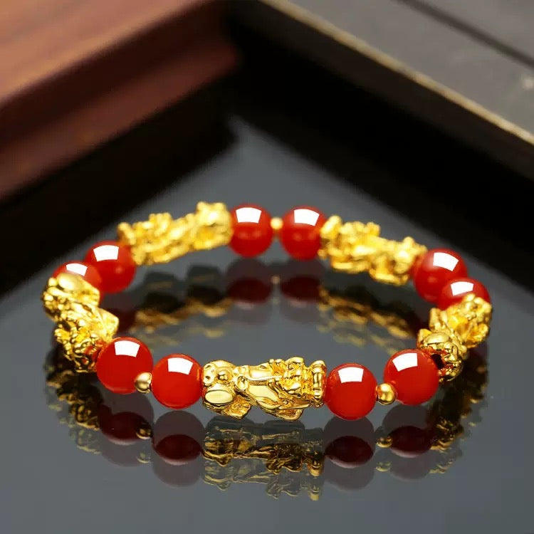 【Fortune Guaranteed】Pixiu Bracelet Gold Plated Agate Bracelet for Debt Relief and Gambling Fortunes