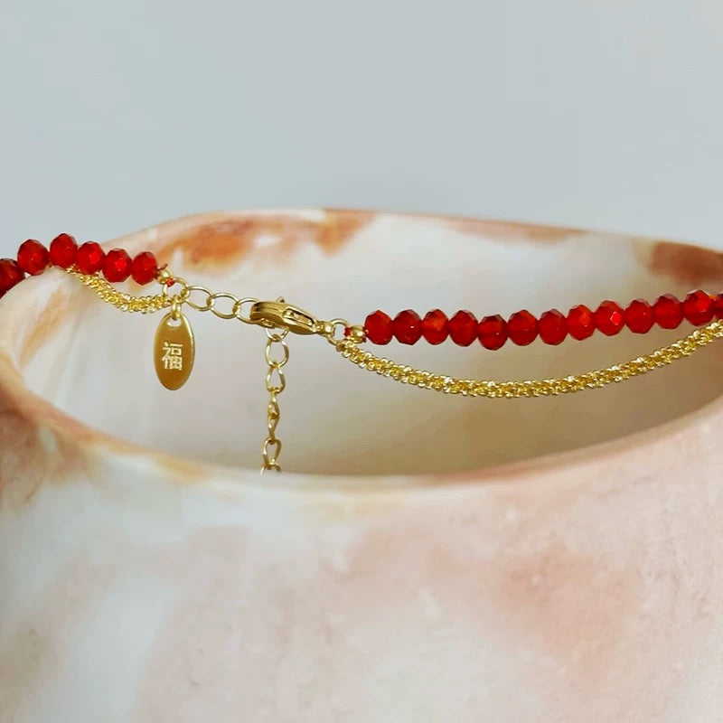 Red Agate Beaded Necklace Wrapped + Gold-plated Red Rope Bracelet Set Gift