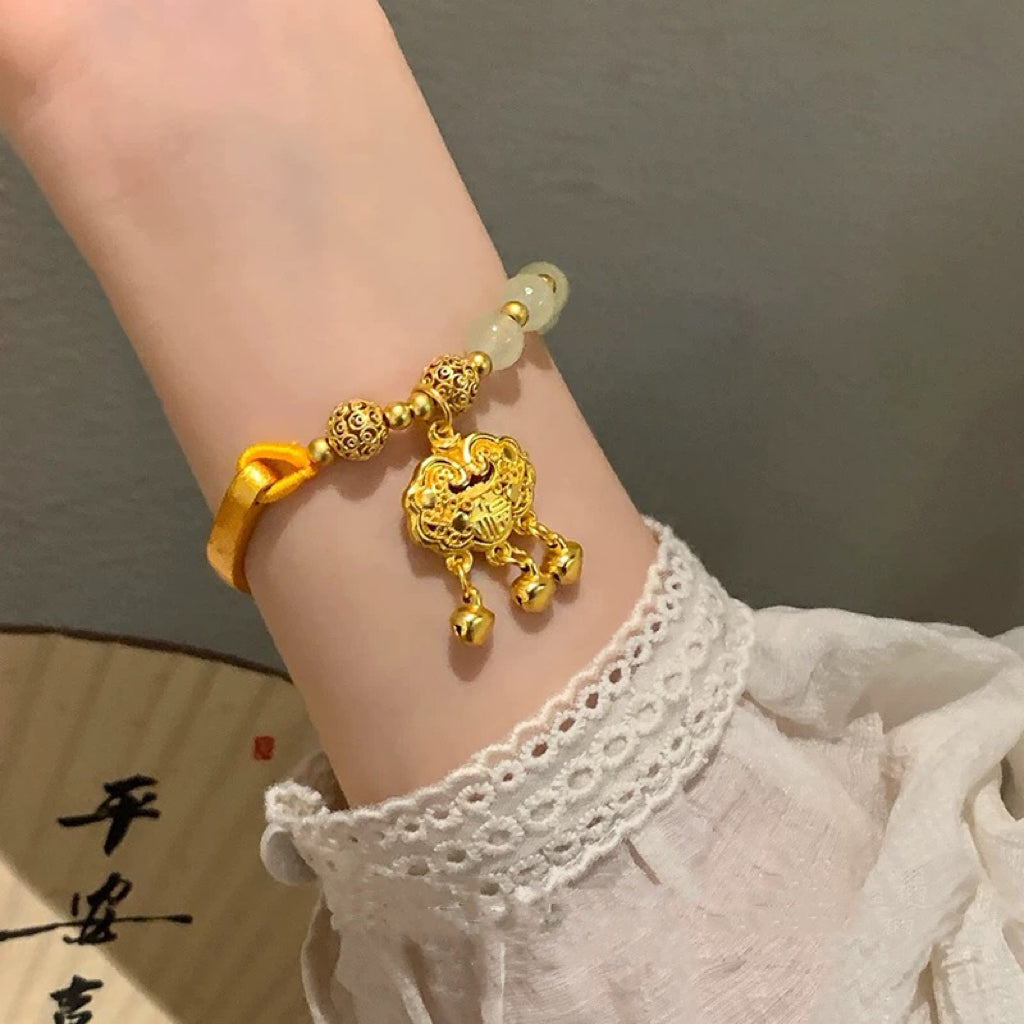 Natural Hetian Jade Bead Peace Lock Gold-Plated Bracelet Gold Jade Half Bracelet Rerhy