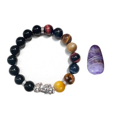 Pixiu Bracelet Ward Off Negativity and Attract Good Luck Bracelet Obsidian Tiger Eye Stone Silver Bracelet Set My Store