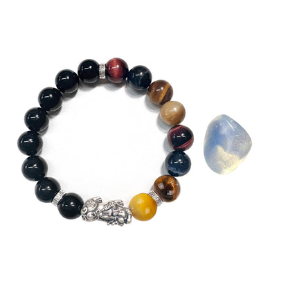 Pixiu Bracelet Ward Off Negativity and Attract Good Luck Bracelet Obsidian Tiger Eye Stone Silver Bracelet Set My Store