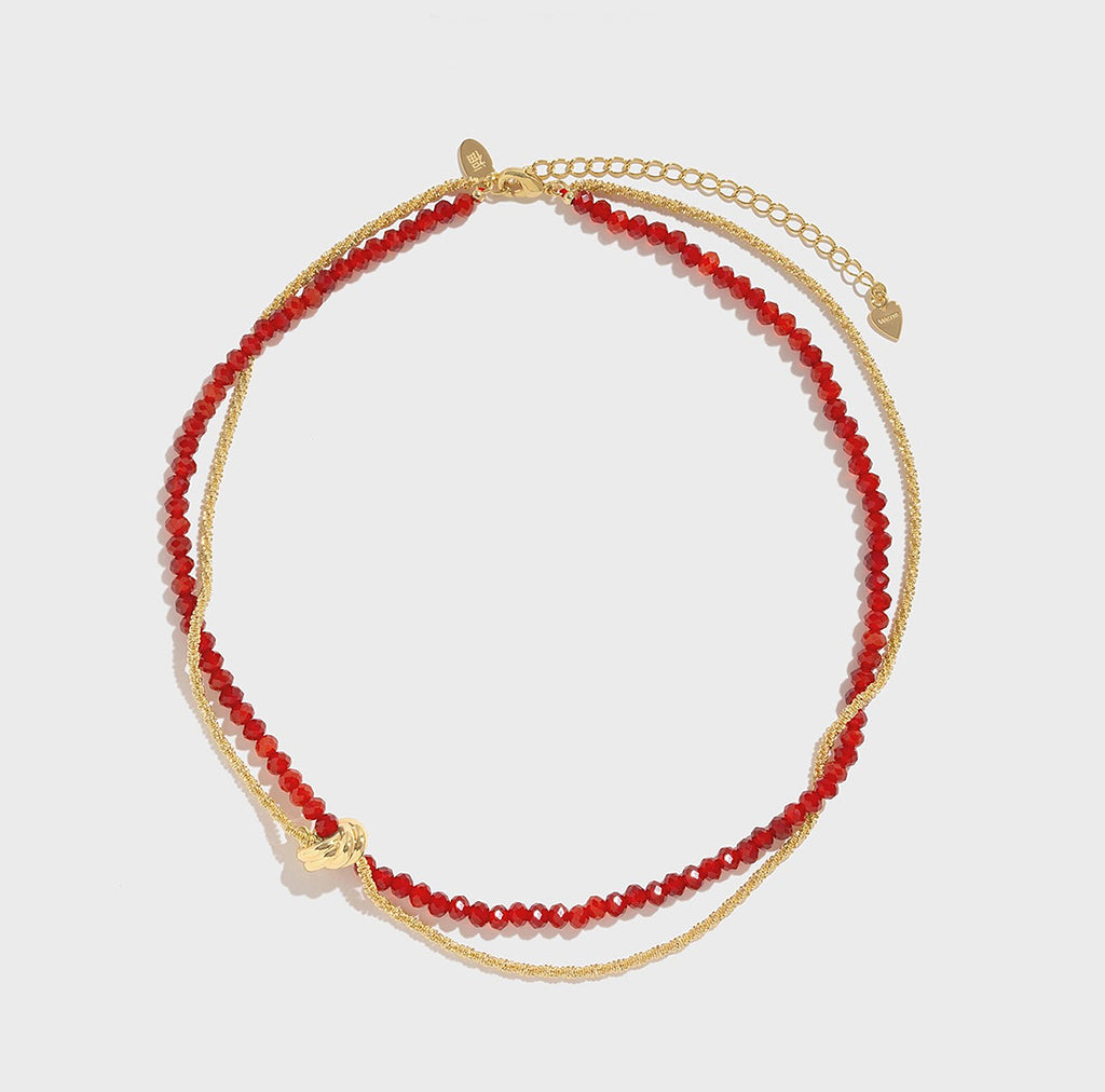Red Agate Beaded Necklace Wrapped + Gold-plated Red Rope Bracelet Set Gift