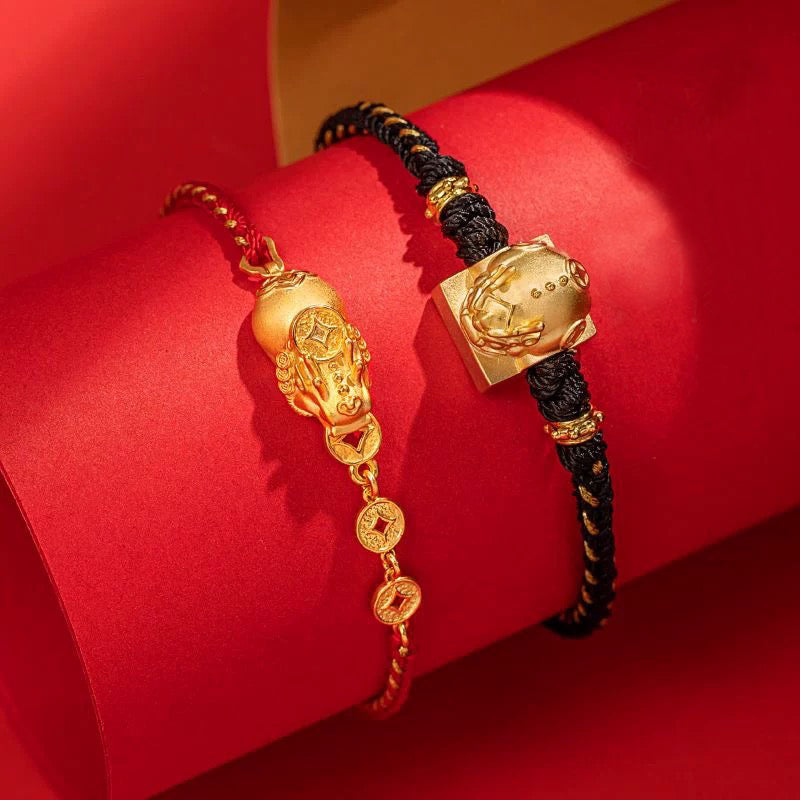 Handmade Lucky Pixiu Bracelet Red String Bracelet Zodiac Year Gift Gold  for Lovers Couples(Adjustable)