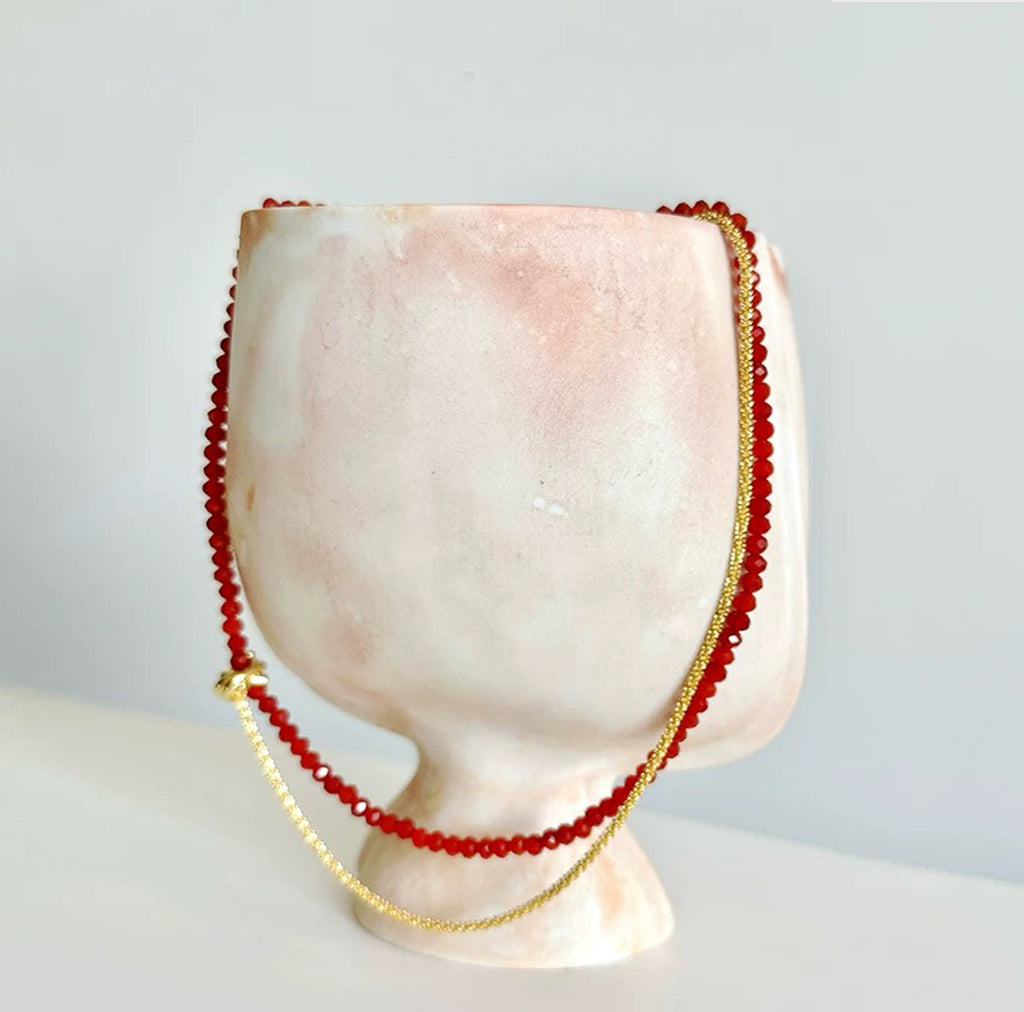 Red Agate Beaded Necklace Wrapped + Gold-plated Red Rope Bracelet Set Gift