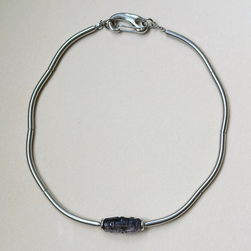 Dzi White Crystal Silver Obsidian Titanium Steel Necklace, Tibetan Design, Good Luck Protection Necklace My Store
