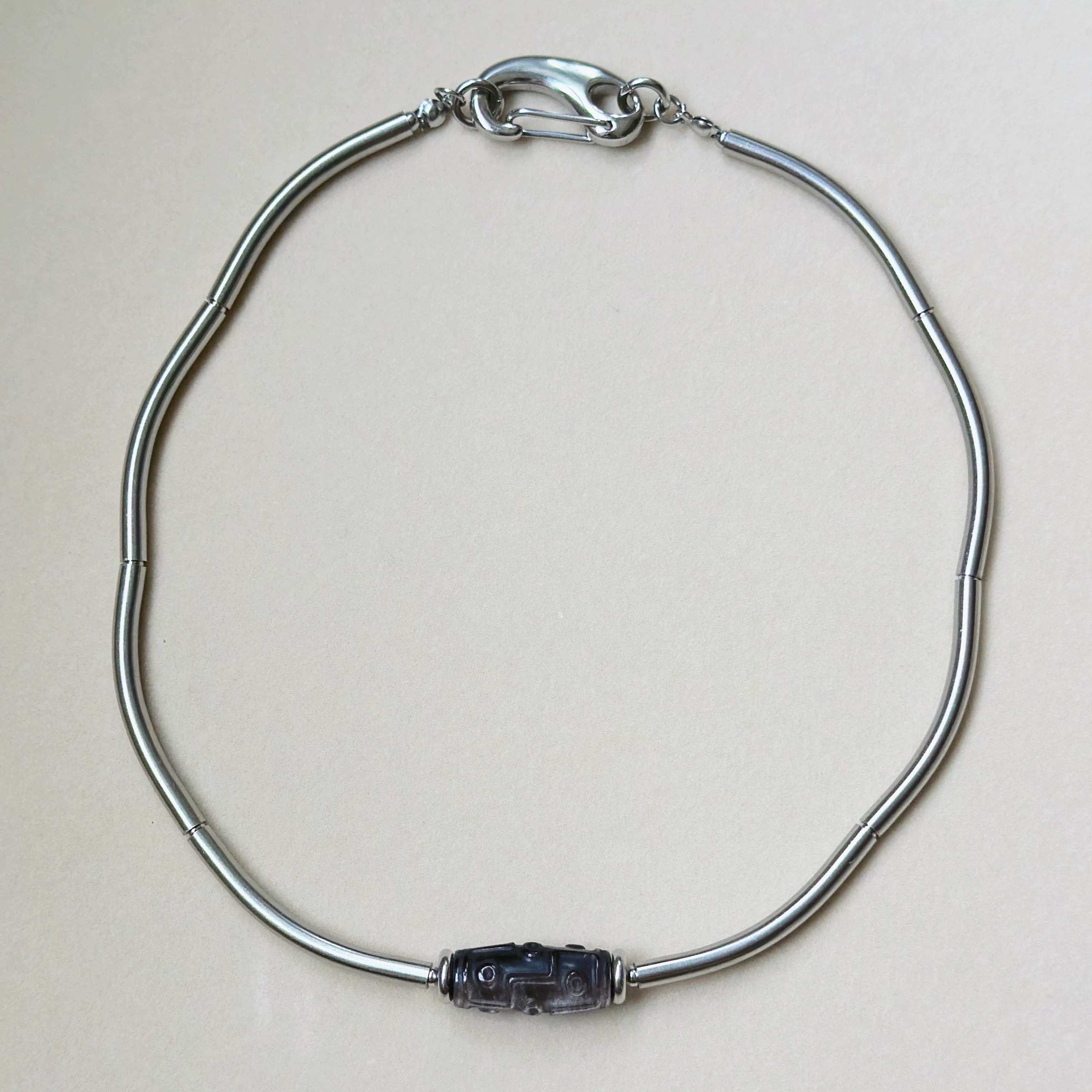 Dzi White Crystal Silver Obsidian Titanium Steel Necklace, Tibetan Design, Good Luck Protection Necklace My Store