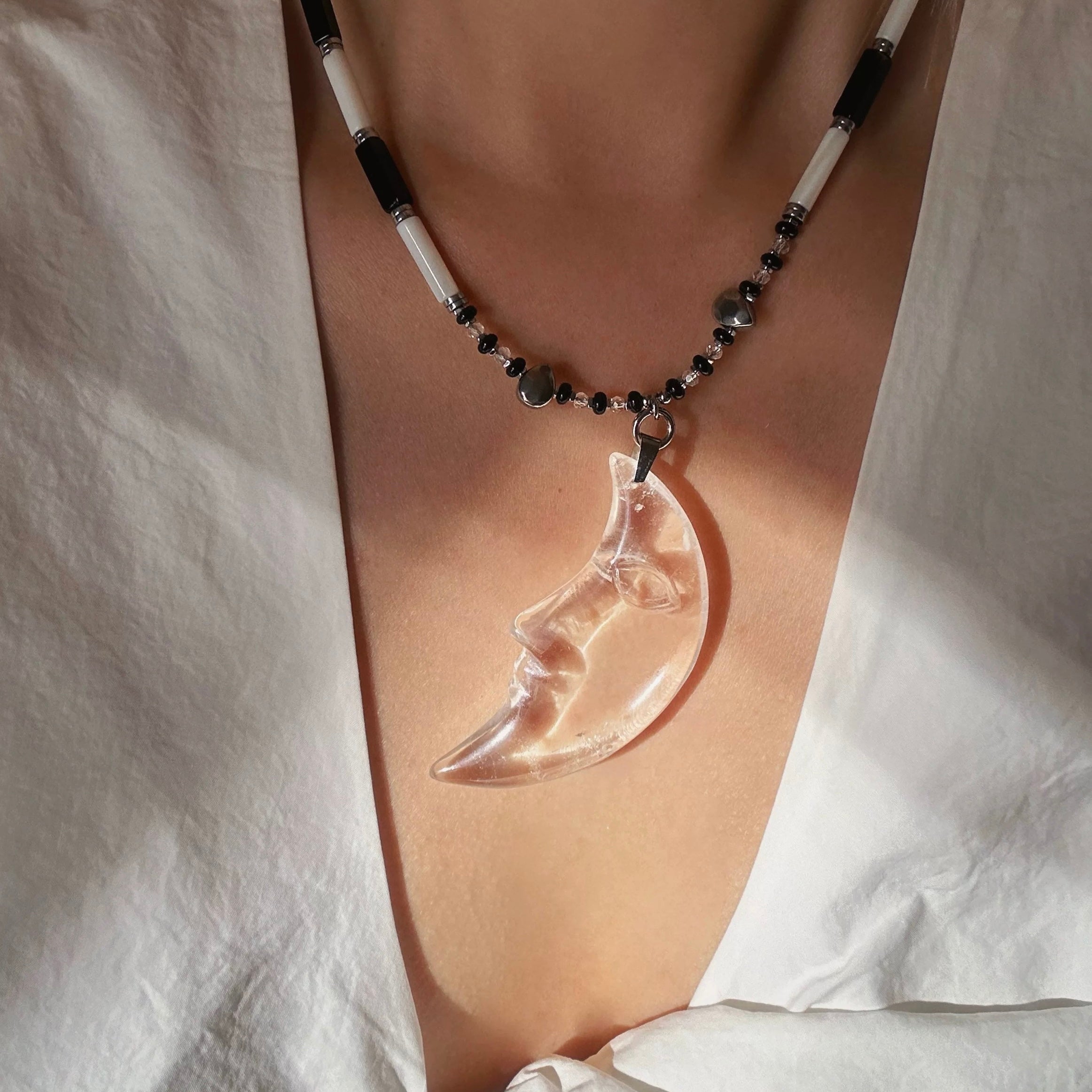 "Moonlight Lover" handmade white crystal moon pendant agate mother-of-pearl necklace My Store