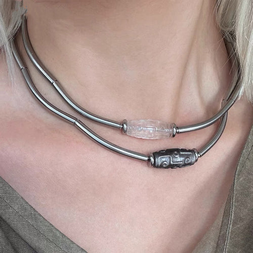 Dzi White Crystal Silver Obsidian Titanium Steel Necklace, Tibetan Design, Good Luck Protection Necklace My Store