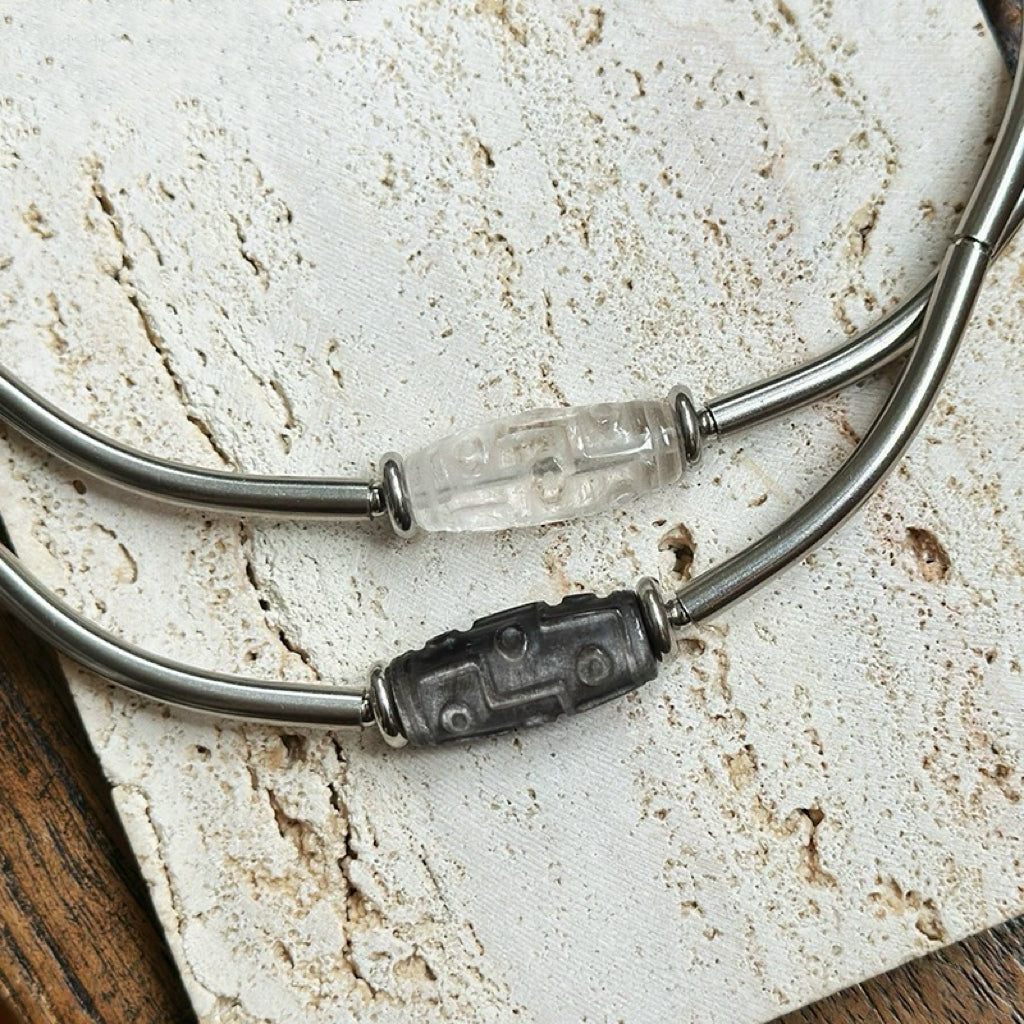 Dzi White Crystal Silver Obsidian Titanium Steel Necklace, Tibetan Design, Good Luck Protection Necklace My Store