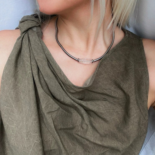 Dzi White Crystal Silver Obsidian Titanium Steel Necklace, Tibetan Design, Good Luck Protection Necklace My Store