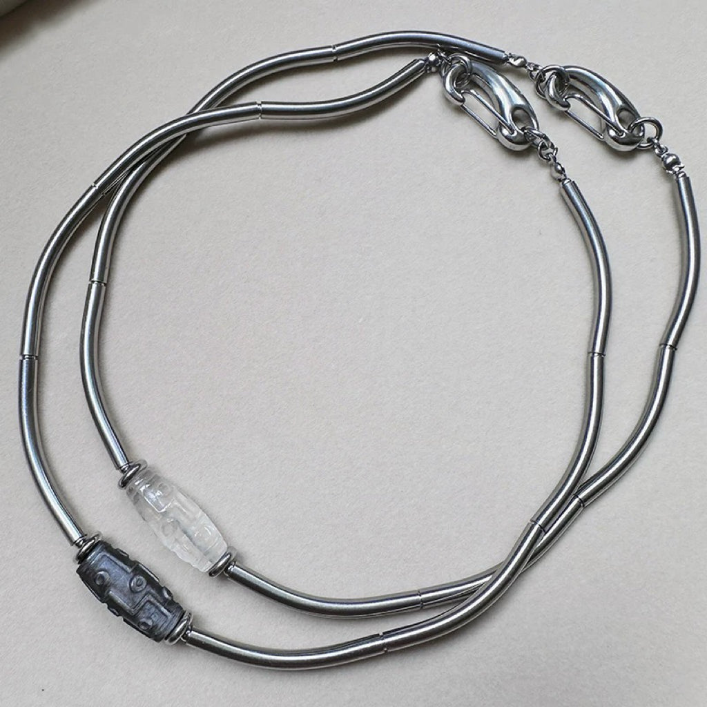 Dzi White Crystal Silver Obsidian Titanium Steel Necklace, Tibetan Design, Good Luck Protection Necklace My Store