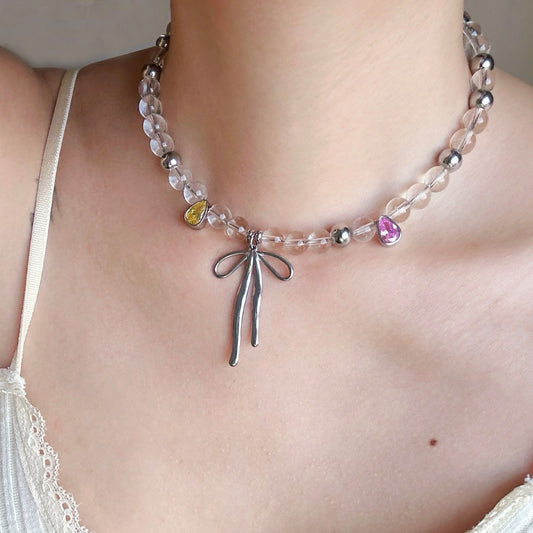 Cute Bow Colored Diamond Natural White Crystal Beaded Necklace Handmade My Store