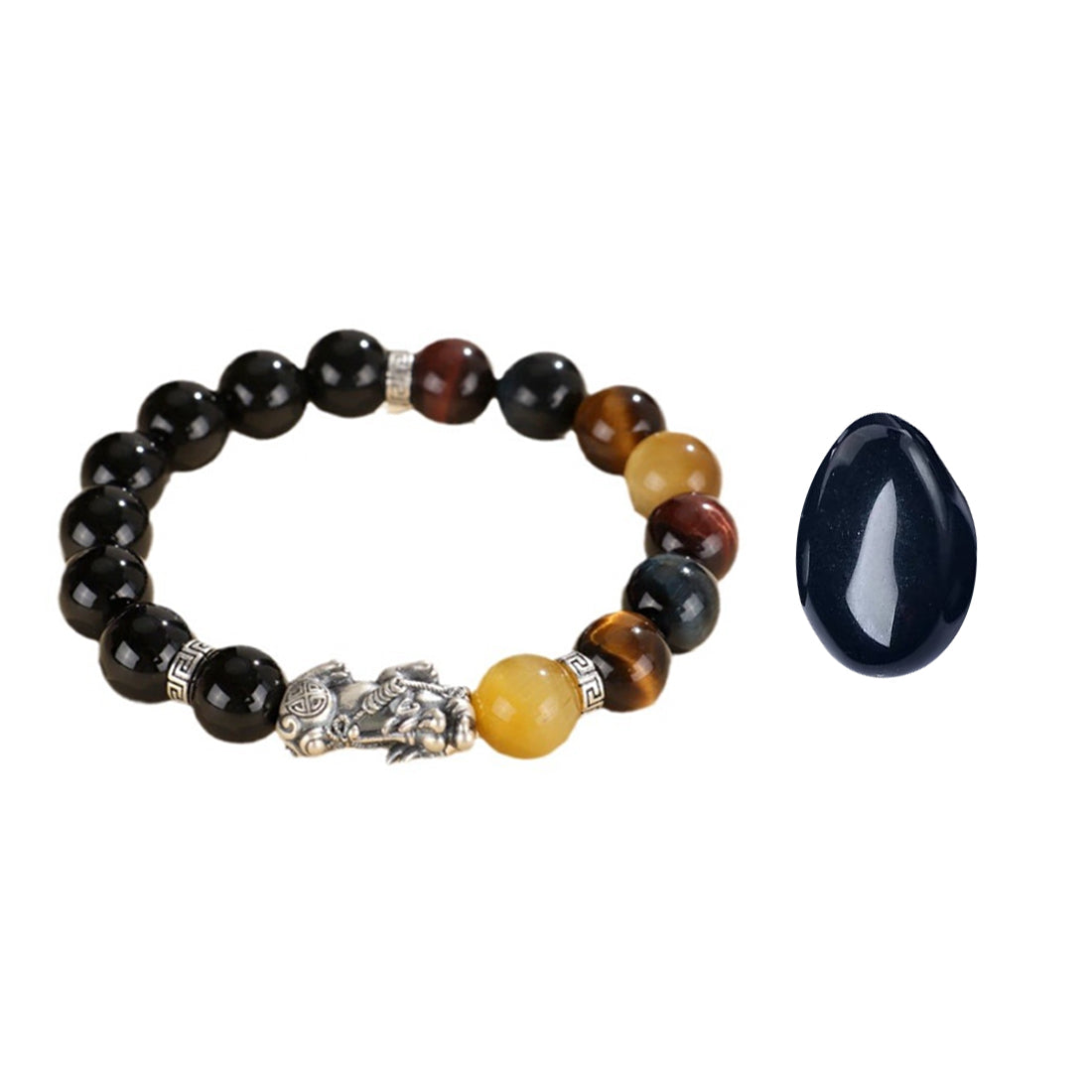 Pixiu Bracelet Ward Off Negativity and Attract Good Luck Bracelet Obsidian Tiger Eye Stone Silver Bracelet Set My Store