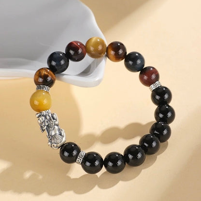 Pixiu Bracelet Ward Off Negativity and Attract Good Luck Bracelet Obsidian Tiger Eye Stone Silver Bracelet Set My Store