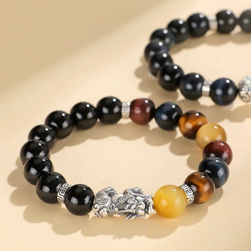 Pixiu Bracelet Ward Off Negativity and Attract Good Luck Bracelet Obsidian Tiger Eye Stone Silver Bracelet Set My Store