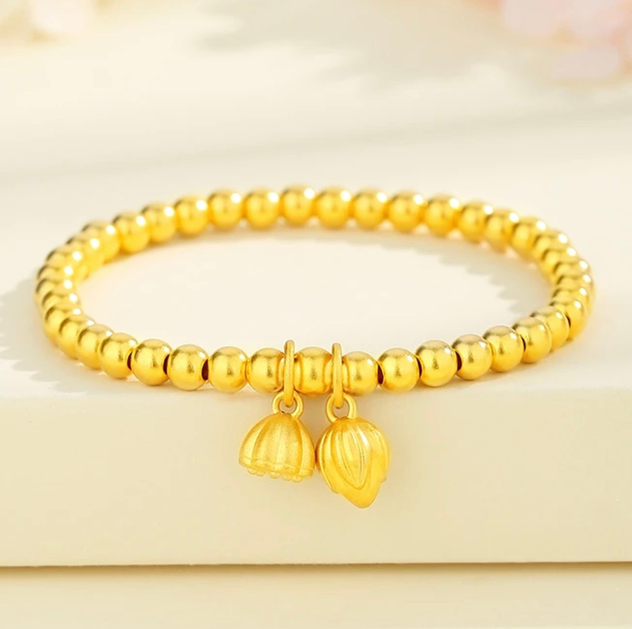 【Last Day ALERT!! Best Price of the YEAR: Best Price of the YEAR】-- Two Lives in Joy Ancient Gold Bracelet Women's Round Beads Gold-plated Lotus Design Fortune-transferring Gold Beads Rerhy