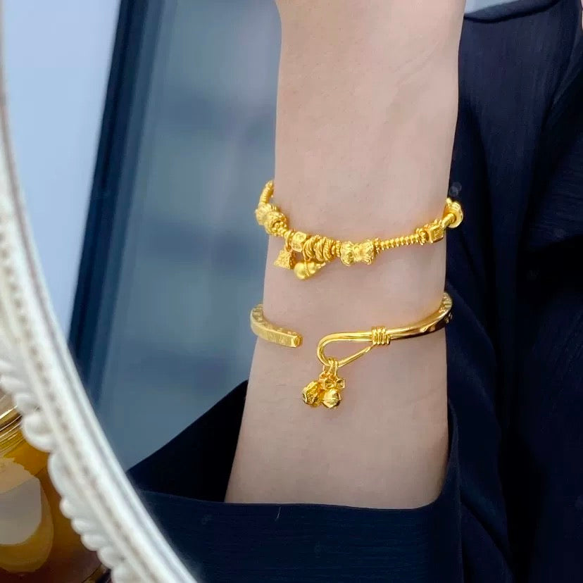 【Today Only at $19.99】Gold-Plated Engraved Solid Cuff Bracelet with Cute Bell, Bow, and Fu Character Longevity Lock (Adjustable) Rerhy