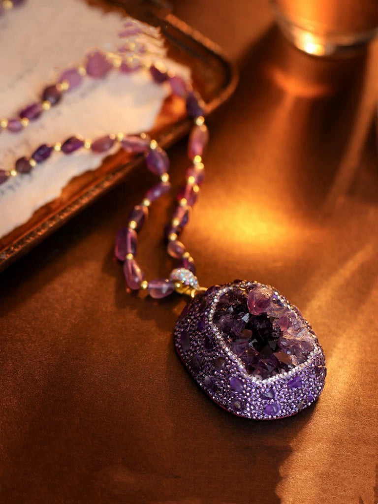 Crystal Cave Natural Rose Stone Love Trouble Stone Chakra Reiki Balance Crystal Necklace My Store