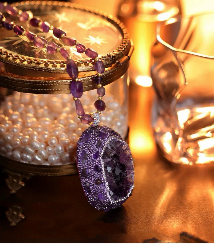 Crystal Cave Natural Rose Stone Love Trouble Stone Chakra Reiki Balance Crystal Necklace My Store