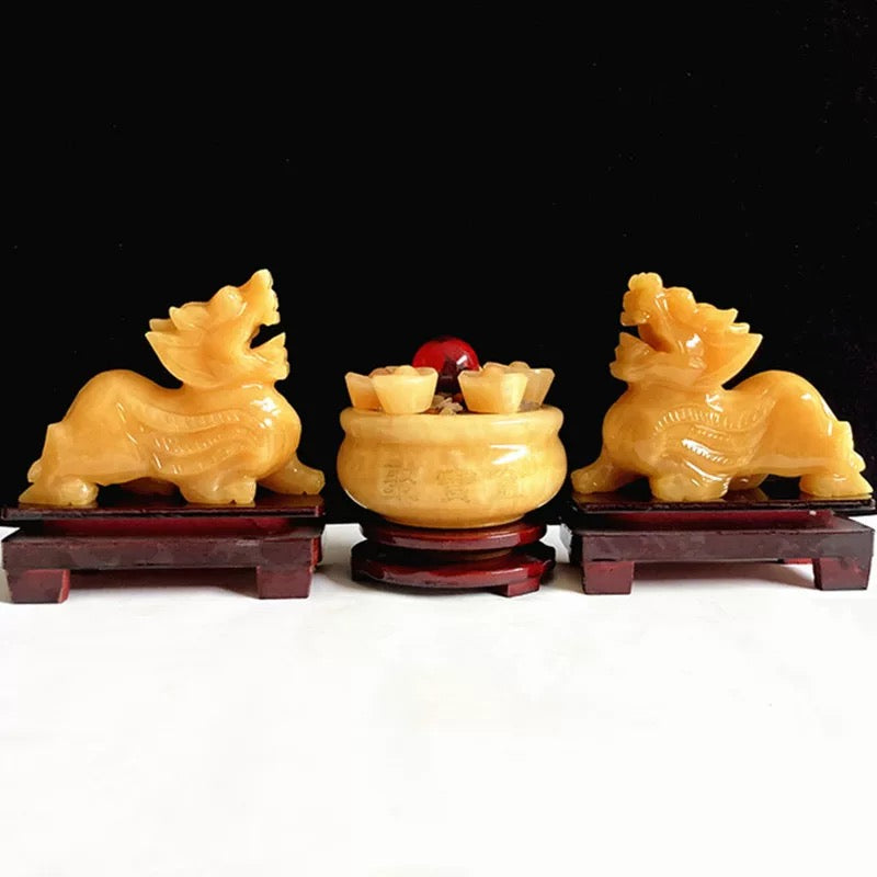 Yellow Jade Pixiu Home Decor - Natural Jade Treasure Bowl with Crystal Set Feng Shui Decorations for Wealth My Store