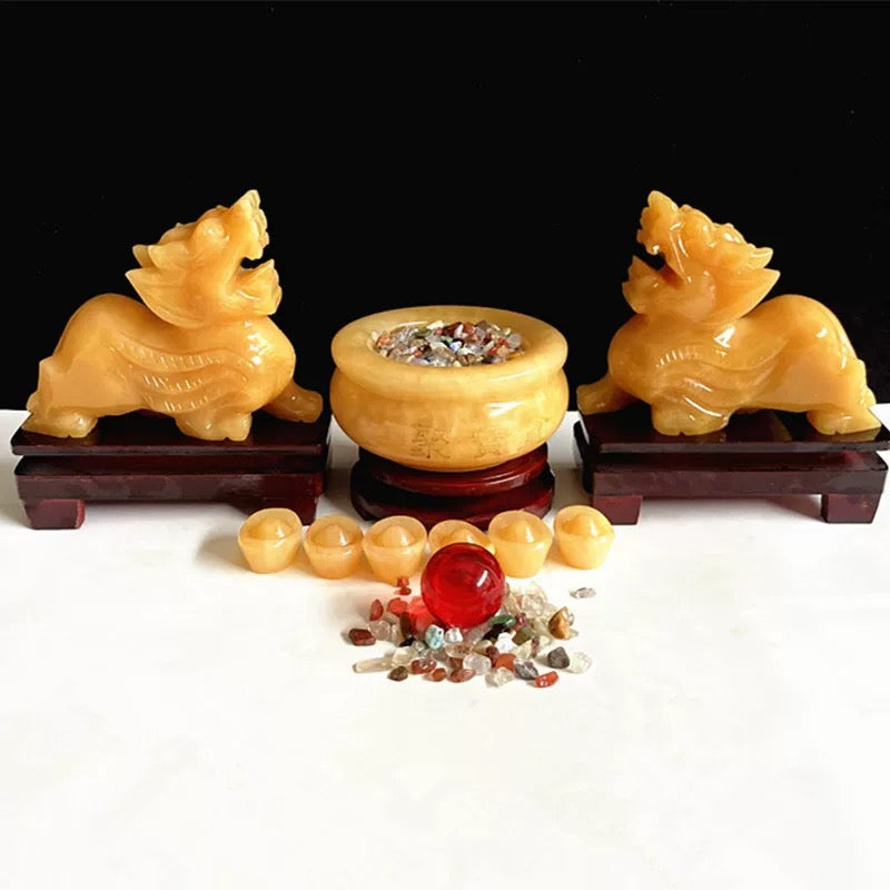 Yellow Jade Pixiu Home Decor - Natural Jade Treasure Bowl with Crystal Set Feng Shui Decorations for Wealth My Store